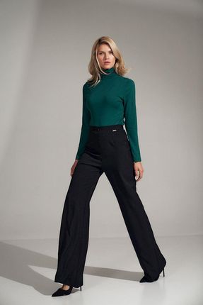 Eleganckie spodnie z wysokim stanem i rozszerzanymi nogawkami (Czarny, XL)