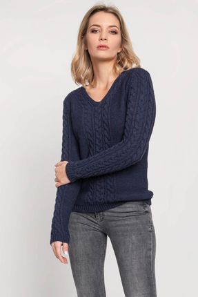 Klasyczny warkoczowy sweter z dekoltem (Granatowy, S)