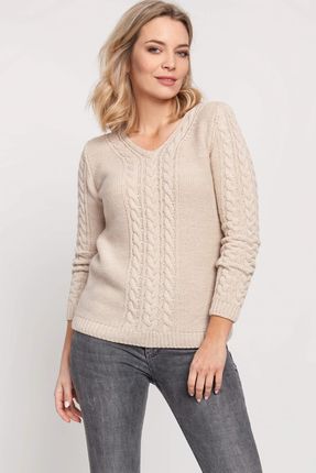 Klasyczny warkoczowy sweter z dekoltem (Beżowy, S)