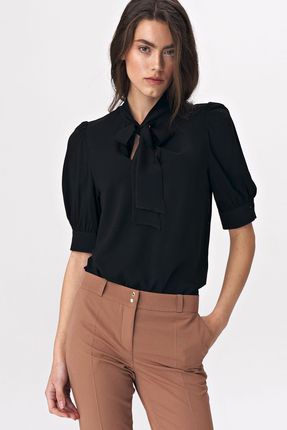Urocza bluzka z kokardką na dekolcie (Czarny, XL)