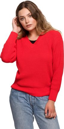 Klasyczny sweter oversize z dekoltem w serek (Czerwony, L/XL)