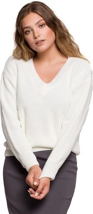 Klasyczny sweter oversize z dekoltem w serek (Ecru, L/XL)