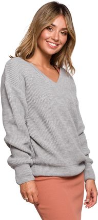Klasyczny sweter oversize z dekoltem w serek (Szary, L/XL)
