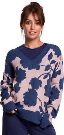 Sweterek w kwiaty z dekoltem w serek (Niebieski, L/XL)