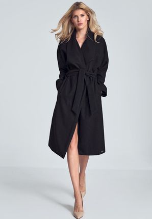 Wiązany płaszcz damski z eleganckim dekoltem (Czarny, L/XL)