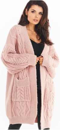 Długi sweter oversize z ozdobnym splotem (Różowy, Uniwersalny)
