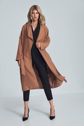 Wiązany płaszcz damski z eleganckim dekoltem (Beżowy, L/XL)