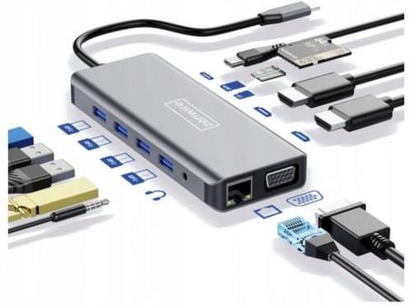 ADAPTER HUB 12w1 USB-C 2x HDMI VGA USB Jack SD LAN