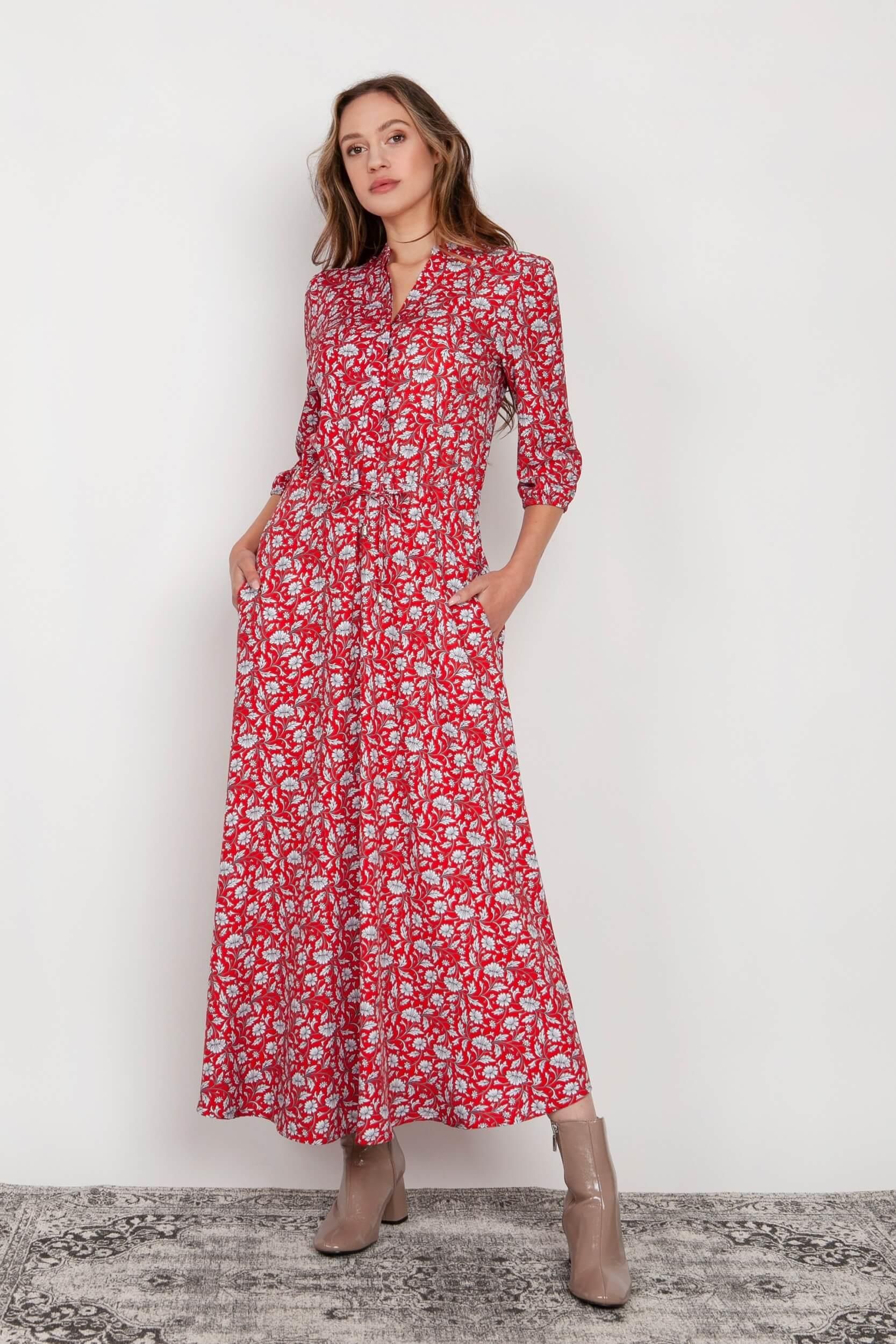 Kwiecista sukienka maxi z rozkloszowanym dołem (Czerwony, XL) - Ceny i  opinie 