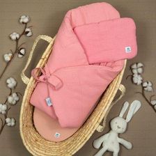 Rożek niemowlęcy wiązany muślinowy GOTS różowy + poduszka - Pościel dziecięca handmade