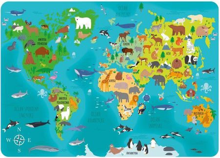 Derform Podkładka Laminowana Mapa Świata Zwierzęta