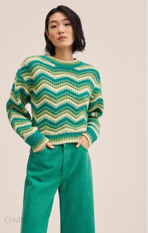 Mango Suit Szyde\u0142kowany sweter zielony-bia\u0142y Melan\u017cowy W stylu casual Moda Swetry Szydełkowane swetry 