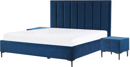 Beliani Zestaw do sypialni welur niebieski łóżko z pojemnikiem 160 x 200 cm 2 szafki nocne Sezanne