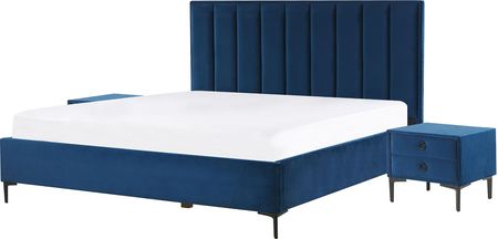 Beliani Zestaw do sypialni welur niebieski łóżko z pojemnikiem 180 x 200 cm 2 szafki nocne Sezanne