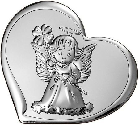 Sovrani Piękny obrazek srebrny w kształcie serca, Aniołek z koniczynką, Pamiątka na Chrzest BC64471