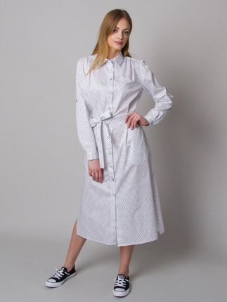 Długa biała sukienka koszulowa w groszki