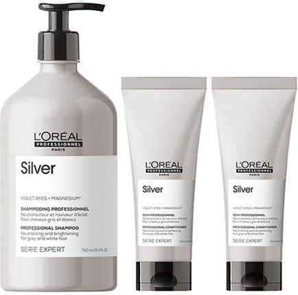 L'Oreal Professionnel Silver zestaw do włosów siwych i rozjaśnianych, szampon 750ml, odżywka 2x200ml