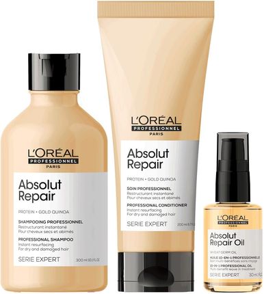 L'Oreal Professionnel Absolut Repair Gold odbudowujący zestaw do włosów zniszczonych szampon 300ml, odżywka 200ml, olejek 10w1 30ml