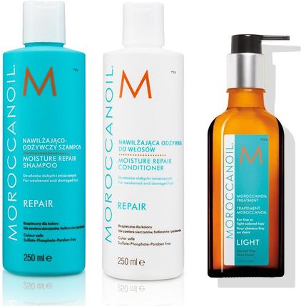 MoroccanOil Moisture Repair and Oil Treatment Light Zestaw regenerujący włosy: szampon 250ml + odżywka 250ml + naturalny olejek arganowy do włosów