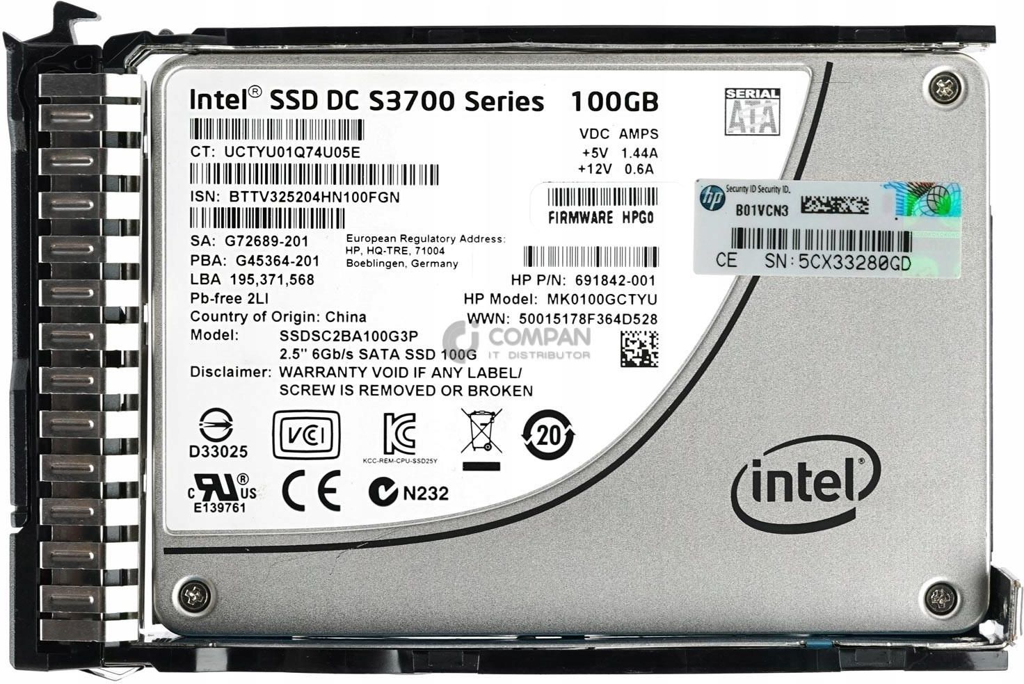 Dysk serwerowy Hp 692164-001 100Gb 6G Sata Mlc Ssd 2.5 Sff G8 G9 ...