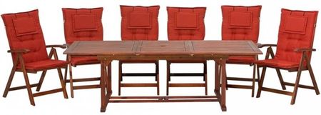 Zestaw Ogrodowy Drewniany Stół I 6 Krzeseł Z Czerwonymi Poduszkami Toscana
