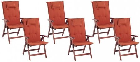 Zestaw 6 Krzeseł Ogrodowych Drewnianych Z Poduszkami Czerwonymi Toscana