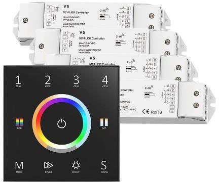 Sterownik LED Skydance - RGB+CCT - 4 strefowy - Panel naścienny 230V + odbiorniki - czarny zestaw