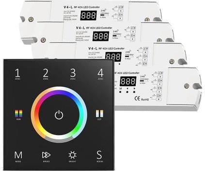 Sterownik LED Skydance - RGB/RGB+W - 4 strefowy - Panel naścienny 230V + odbiorniki - czarny zestaw