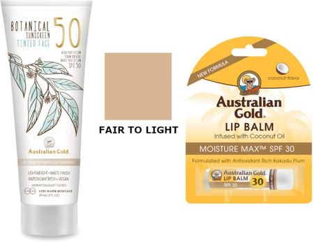 Australian Gold SPF50 and Lip Balm Zestaw ochronny do twarzy: przeciwsłoneczny krem BB do twarzy - Fair to Light 89ml + kokosowa pomadka ochronna