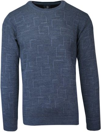 Sweter Wełniany Niebieski Wzór Geometryczny Okrągły Dekolt U Neck Męski Vip Stendo Swkowstendo68219Indigo