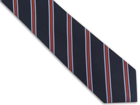Granatowy krawat męski w pomarańczowe i błękitne paski C47