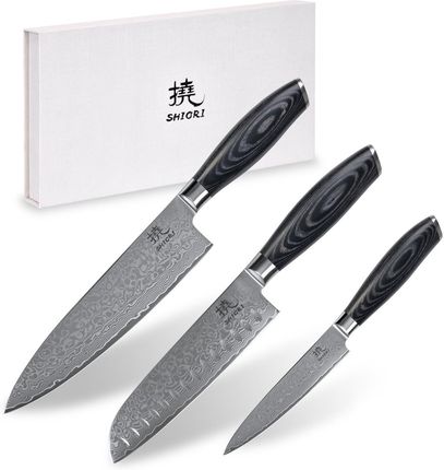Shiori zestaw 3 noży ze stali damsaceńskiej Kuro Muro + Santoku + Sifu