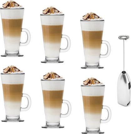 Tadar Zestaw 6 Szklanek Caffee Latte 250Ml I Elektryczny Spieniacz Do Mleka