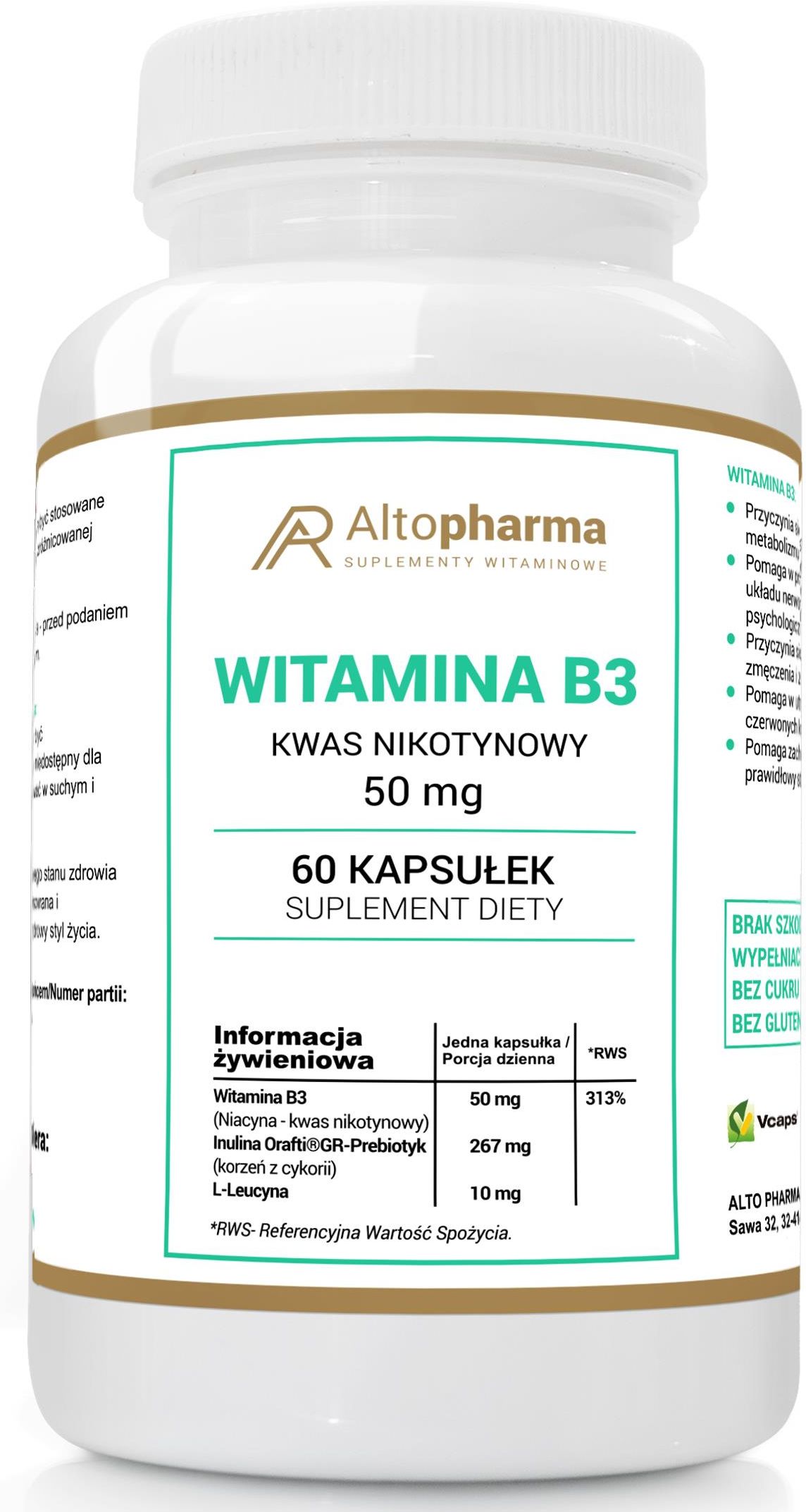 Alto Pharma Niacyna Witamina B3 Pp 50mg Kwas Nikotynowy 60 Kaps