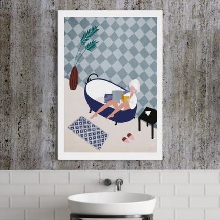 Plakat do łazienki Bath Tube pop-art kobieta czytająca książkę w wannie 
