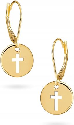 Piękne Złote Kolczyki Wiszące Kółko Krzyżyk 585