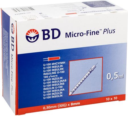 Becton Dickinson Bd Micro-Fine Plus, Strzykawka Insulinowa, 0,5 Ml, U-100, Z Igłą 30G, 0,3x8 Mm, 100szt. (148)