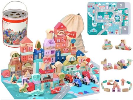 Leantoys Zestaw Drewnianych Klocków Miasto Litery Puzzle 162 Sztuk