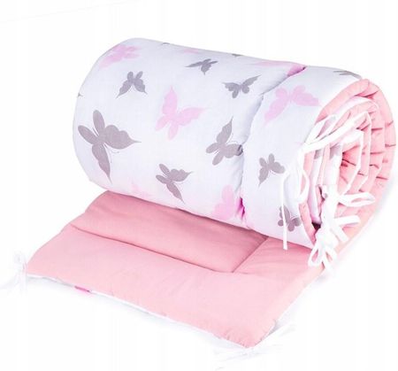 Babyboom dwustronny ochraniacz do łóżeczka dziecięcego Premium 180x30cm Motyle różowe/pudrowy róż