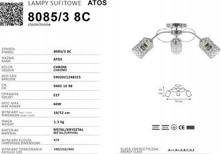Odkryjdom Lampa Wisząca Alma 3xE27/60W 3-PUNKTOWA Chrom