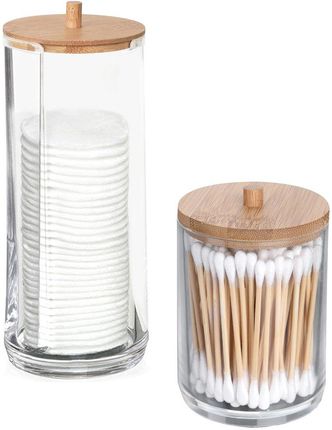 Pojemnik łazienkowy na patyczki płatki kosmetyczne higieniczne podajnik bambusowy zestaw 2 sztuki