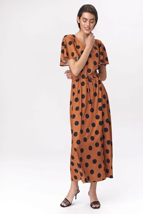 Karmelowa sukienka maxi z rozkloszowanymi rękawami S141 Brown/Grochy