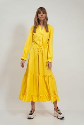 Długa żółta sukienka z falbanką S178 Yellow