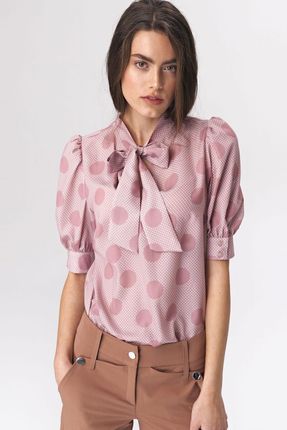 Różowa bluzka z wiązaniem na dekolcie w grochy B111 Pink