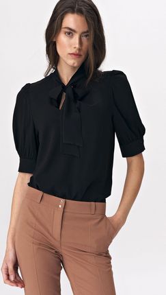 Elegancka czarna bluzka z wiązaniem na dekolcie B107 Black