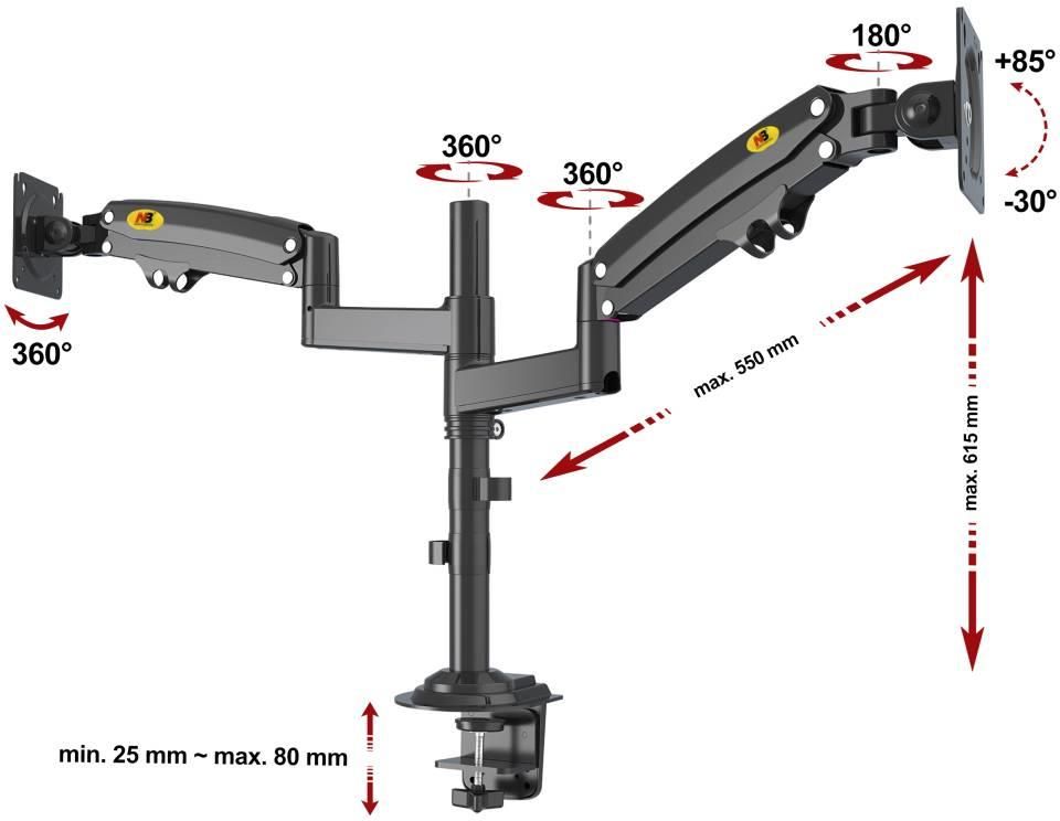 Fiber Novelty Nb Solidny Obrotowy Uchwyt Biurkowy Na Sprężynie Gazowej Do Dwóch Monitorów Lcd Led 22"-32" (H180B)