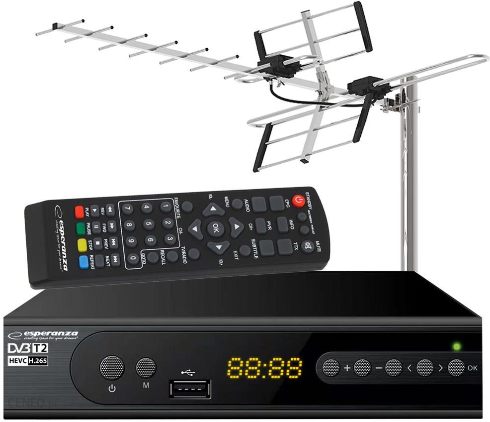 Tuner cyfrowy Esperanza EV106 DVB-T/T2 H.265/HEVC + antena kierunkowa VHF/UHF MUX8 ATD31S