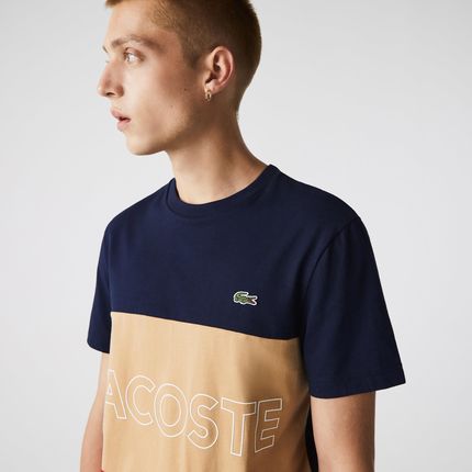 Lacoste T-shirt męski z bawełny, z okrągłym dekoltem, z napisem 3D i w bloki kolorystyczne