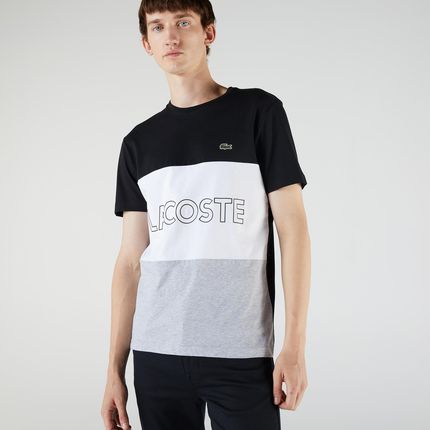 Lacoste T-shirt męski z bawełny, z okrągłym dekoltem, z napisem 3D i w bloki kolorystyczne