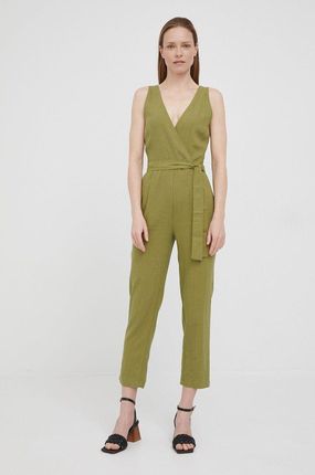 Pepe Jeans kombinezon lniany MARAIS kolor zielony z dekoltem w